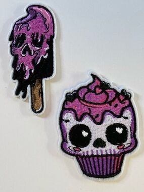 2 IRON OR SEW ON EMBROIDERED PATCHES CUPCAKE AND POPSICLE SKULLS PINK PURPLE